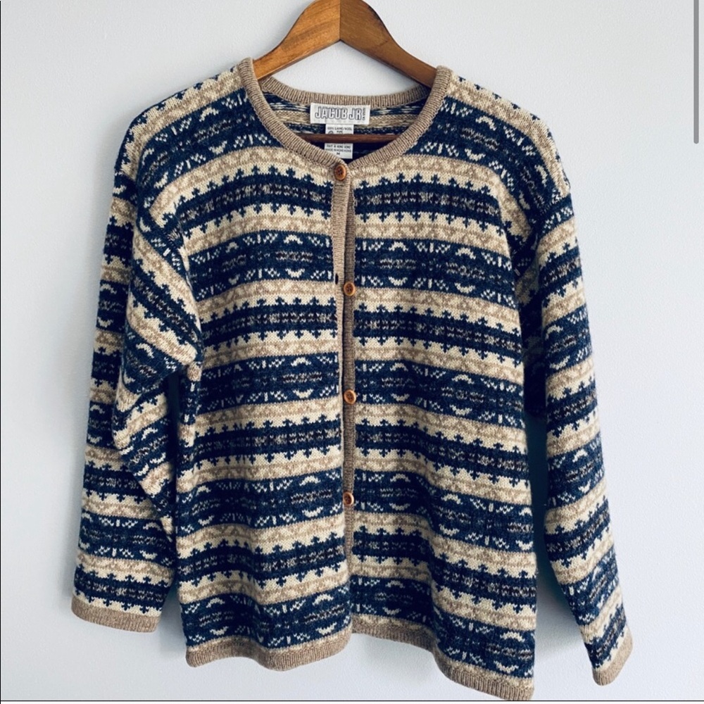 Vintage Jacob Jr. Beige Navy 100% Wool Cardigan